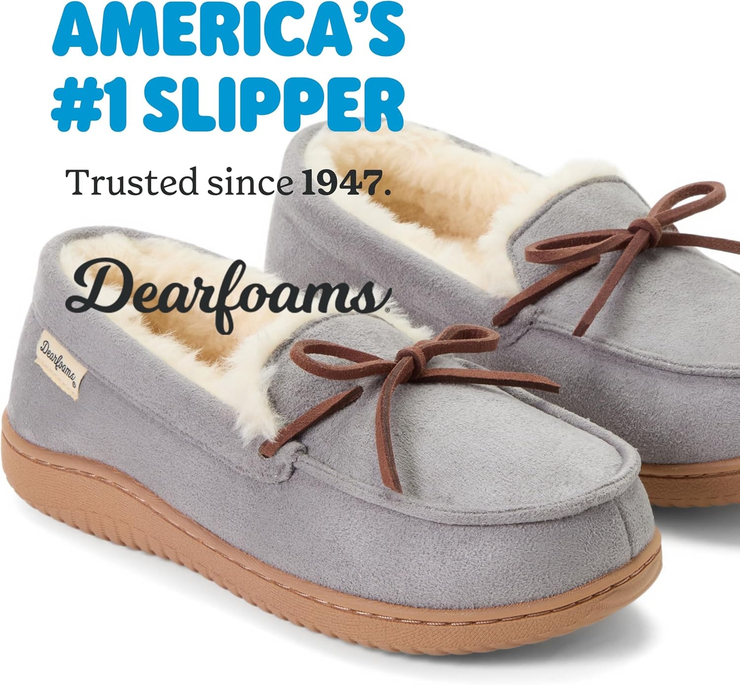 image:imageDearfoams womens Memory Foam House Shoes Microsuede Moccasin With Tie Plush Indoor Outdoor SlippersGrey