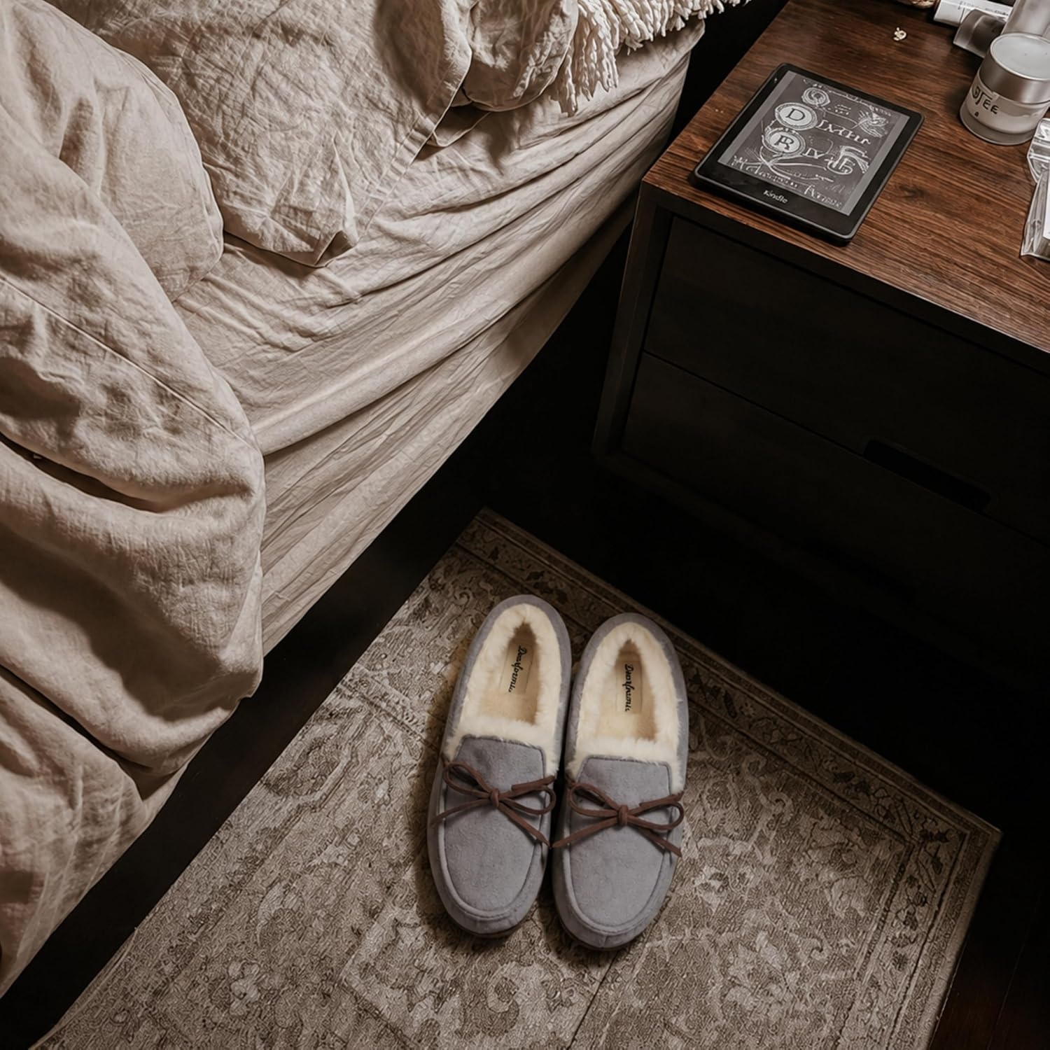 image:imageDearfoams womens Memory Foam House Shoes Microsuede Moccasin With Tie Plush Indoor Outdoor SlippersGrey