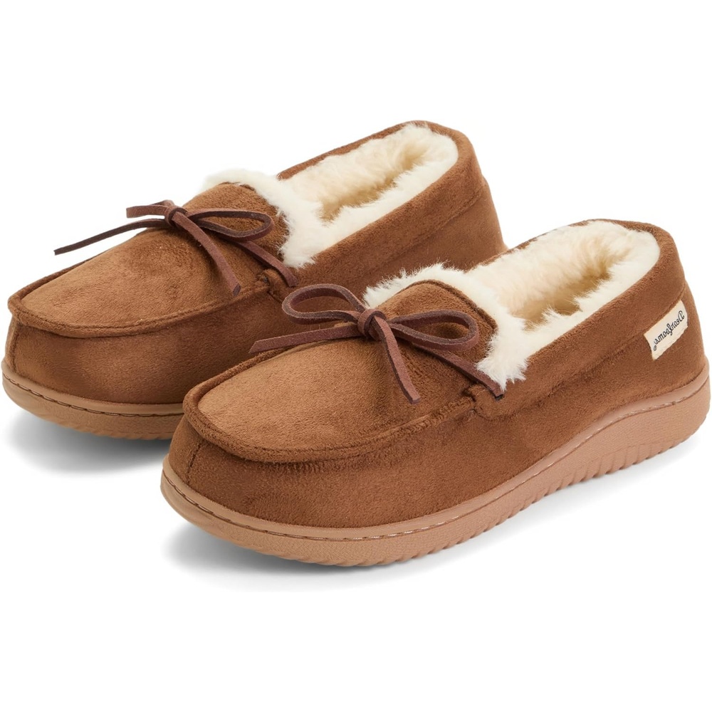 image:imageDearfoams womens Memory Foam House Shoes Microsuede Moccasin With Tie Plush Indoor Outdoor SlippersChestnut