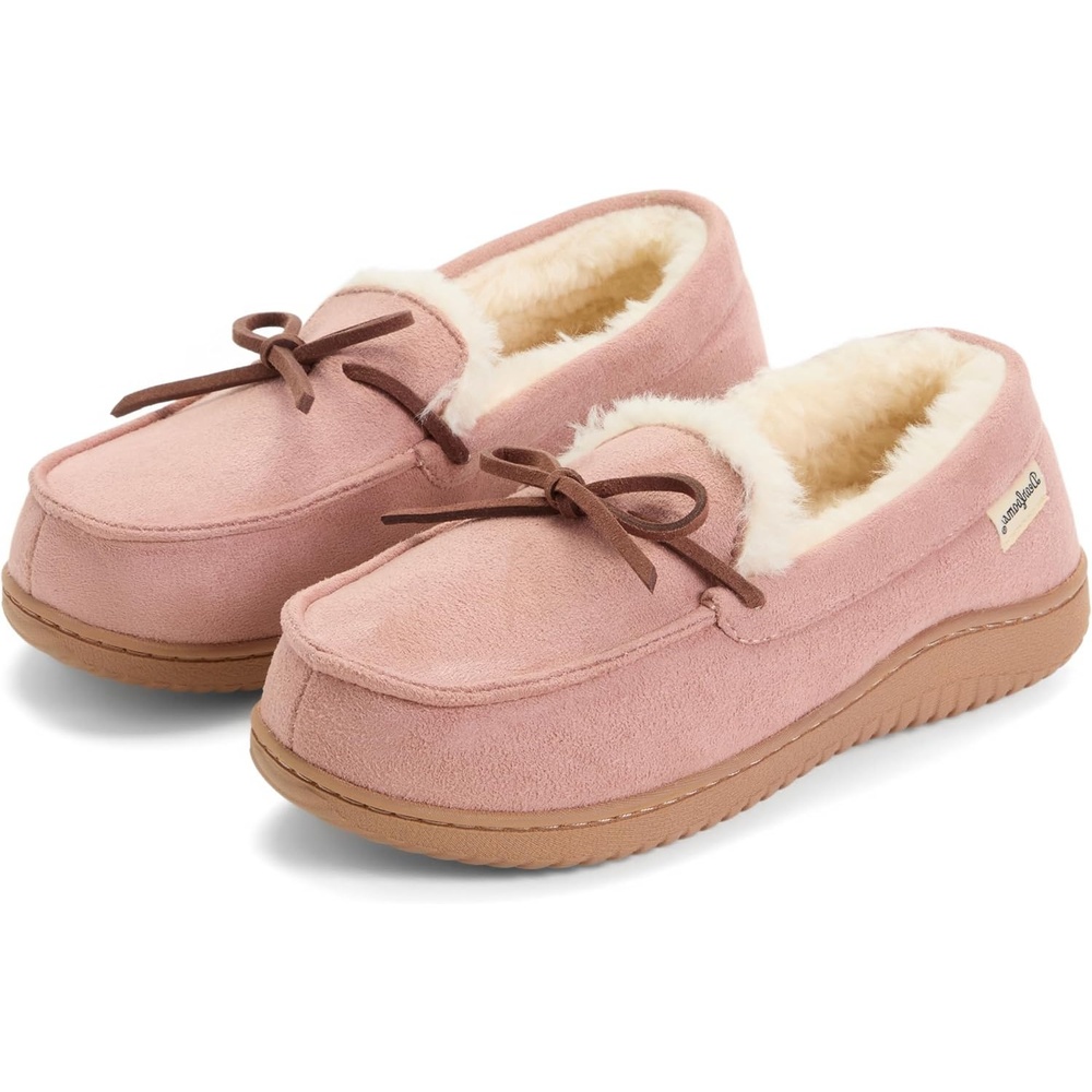 image:imageDearfoams womens Memory Foam House Shoes Microsuede Moccasin With Tie Plush Indoor Outdoor SlippersDusty Pink