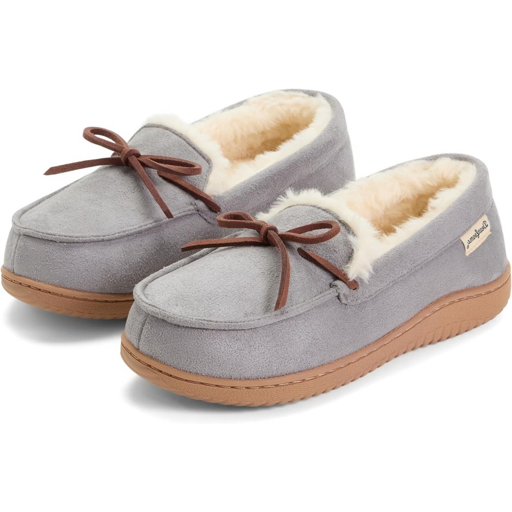 image:imageDearfoams womens Memory Foam House Shoes Microsuede Moccasin With Tie Plush Indoor Outdoor SlippersGrey