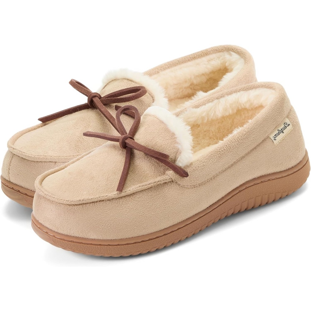 image:imageDearfoams womens Memory Foam House Shoes Microsuede Moccasin With Tie Plush Indoor Outdoor SlippersSand
