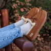 Dearfoams womens Memory Foam House Shoes, Microsuede Moccasin With Tie, Plush Indoor Outdoor Slippers(Chestnut)