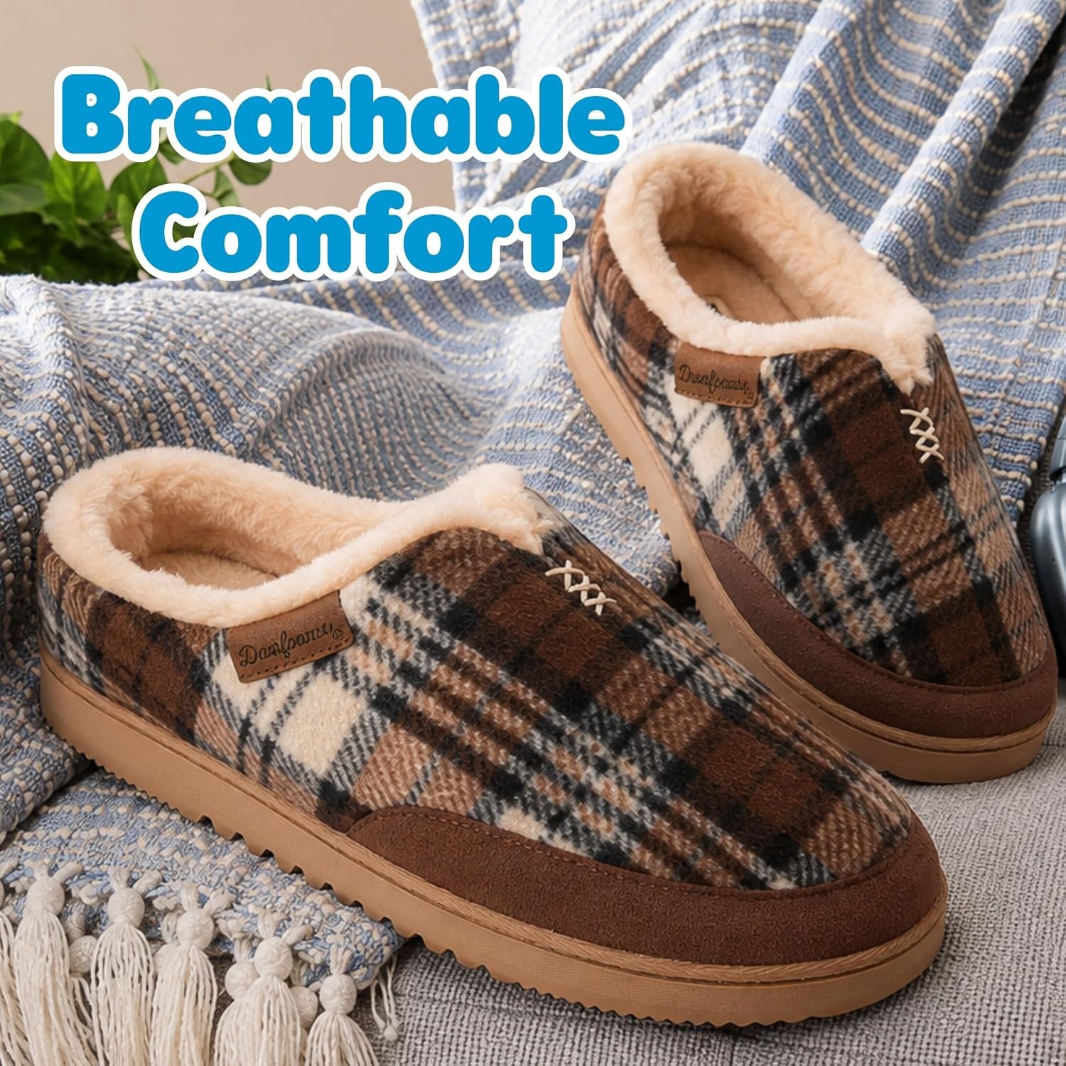 image:imageDearfoams mens Slippers Indoor House Shoes With Memory Foam Aldan Clog SlipperBrown Plaid