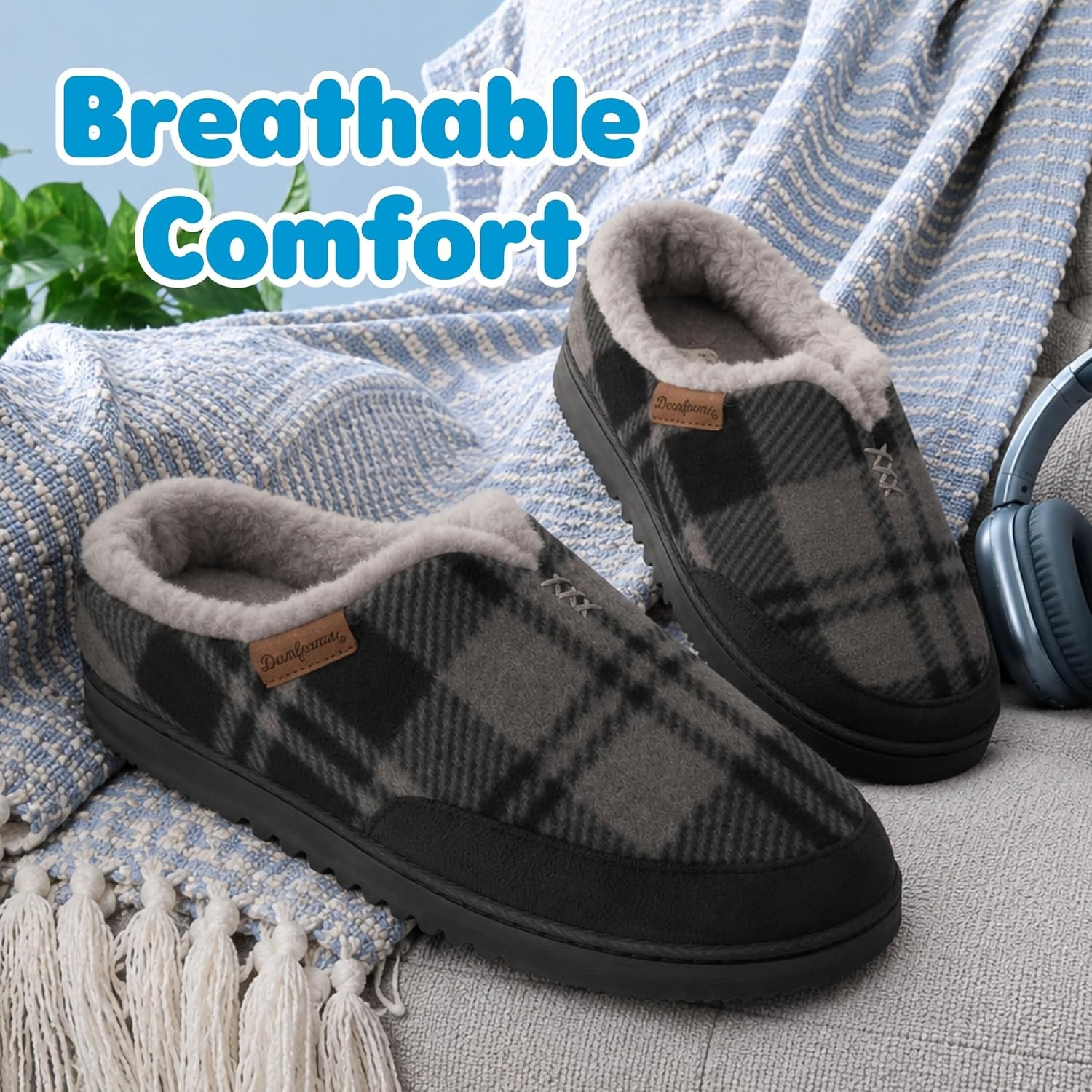 image:imageDearfoams mens Slippers Indoor House Shoes With Memory Foam Aldan Clog SlipperGrey Plaid