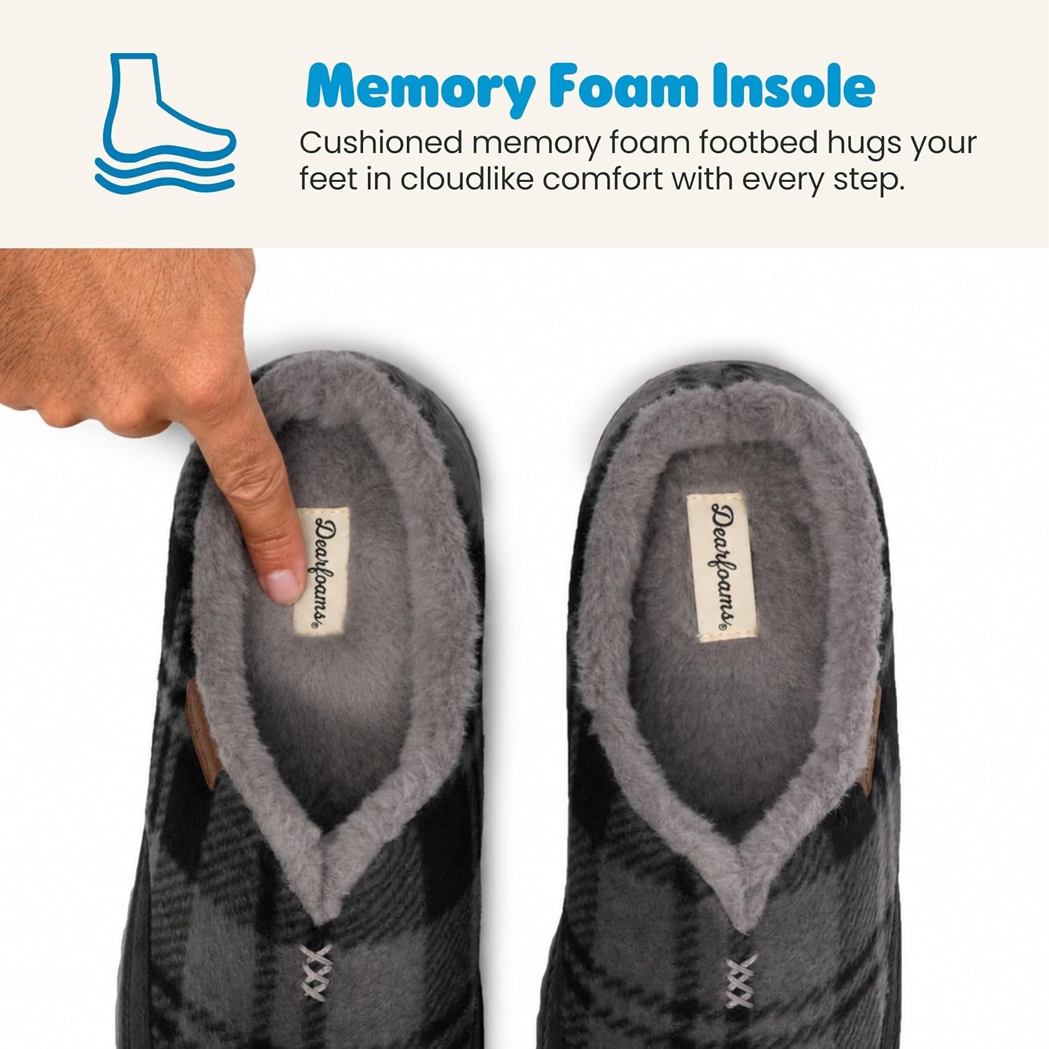 image:imageDearfoams mens Slippers Indoor House Shoes With Memory Foam Aldan Clog SlipperGrey Plaid