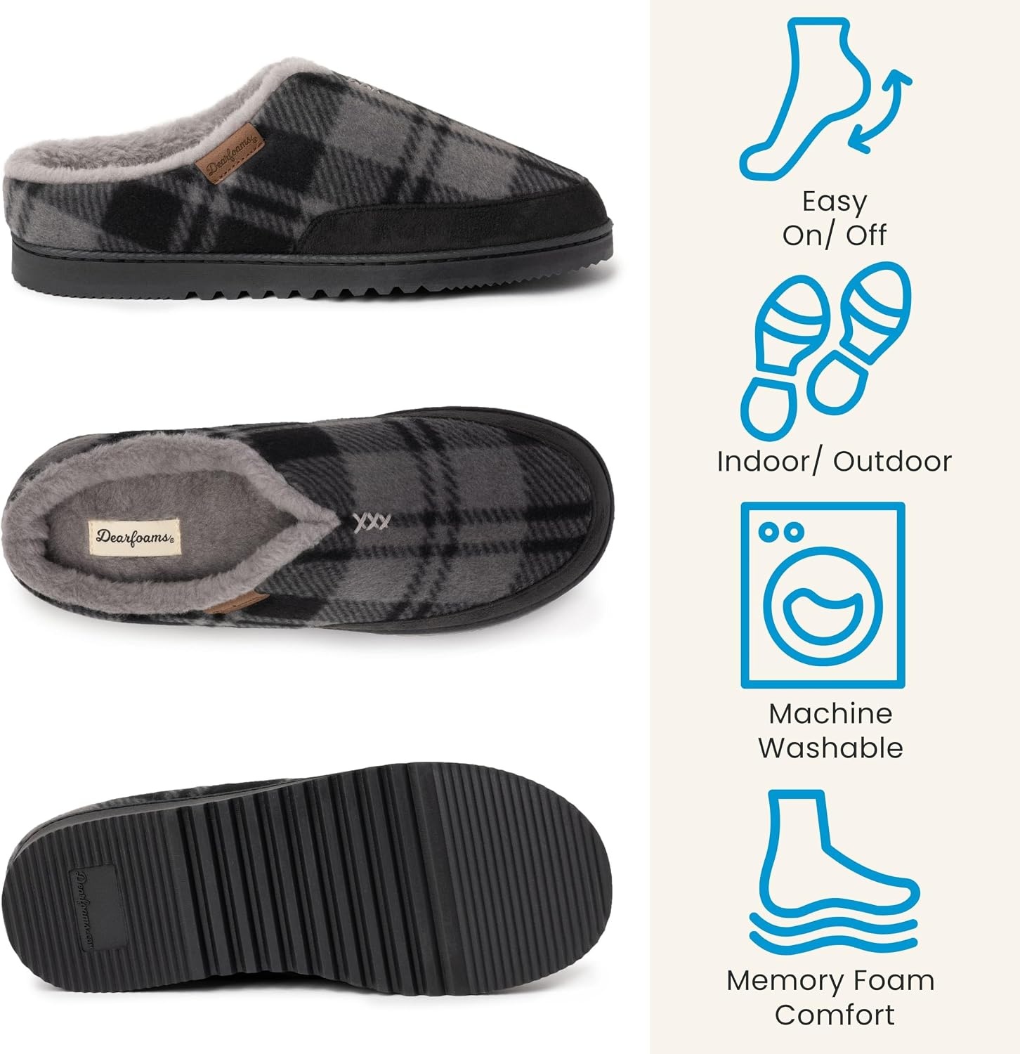 image:imageDearfoams mens Slippers Indoor House Shoes With Memory Foam Aldan Clog SlipperGrey Plaid