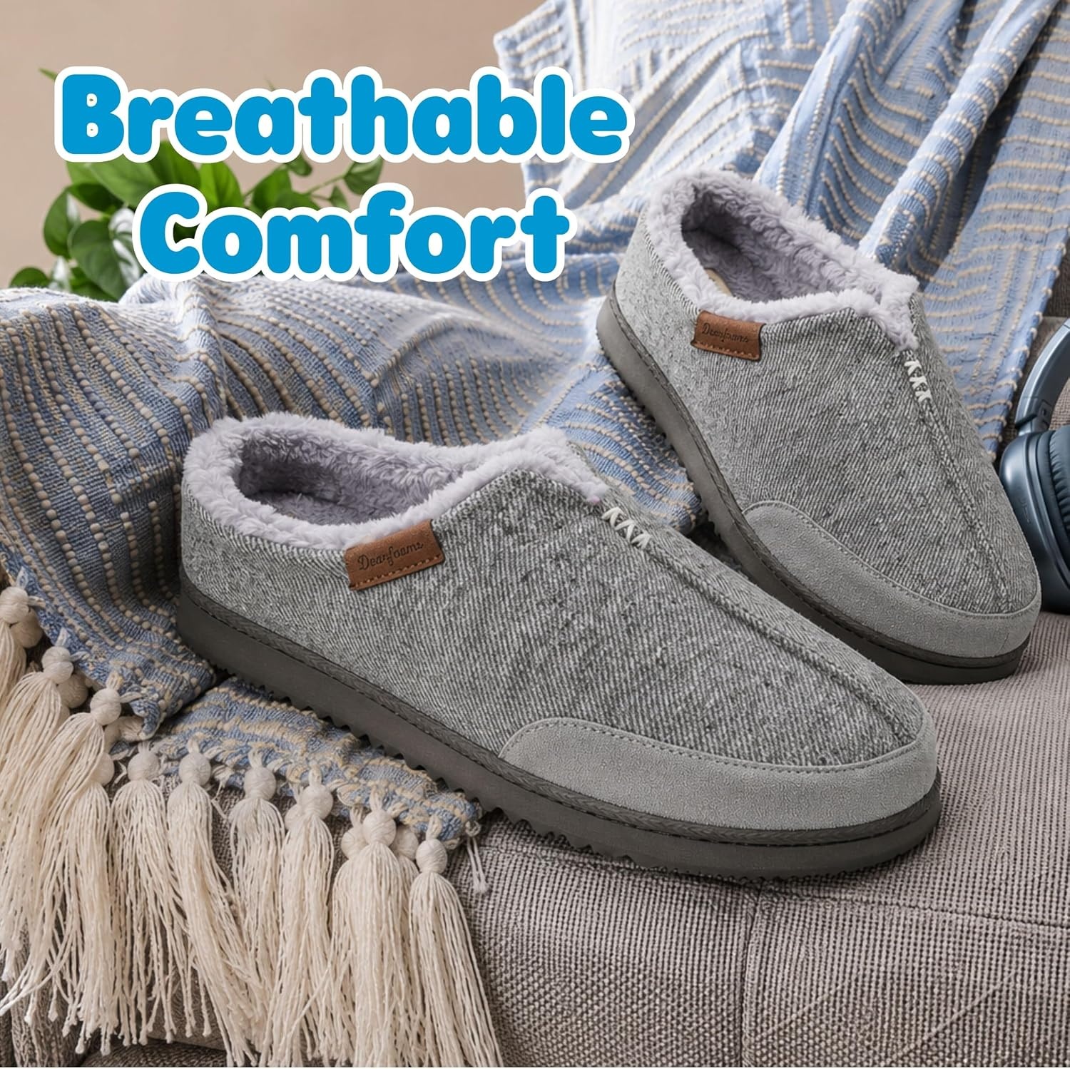 image:imageDearfoams mens Slippers Indoor House Shoes With Memory Foam Aldan Clog SlipperHeather Grey