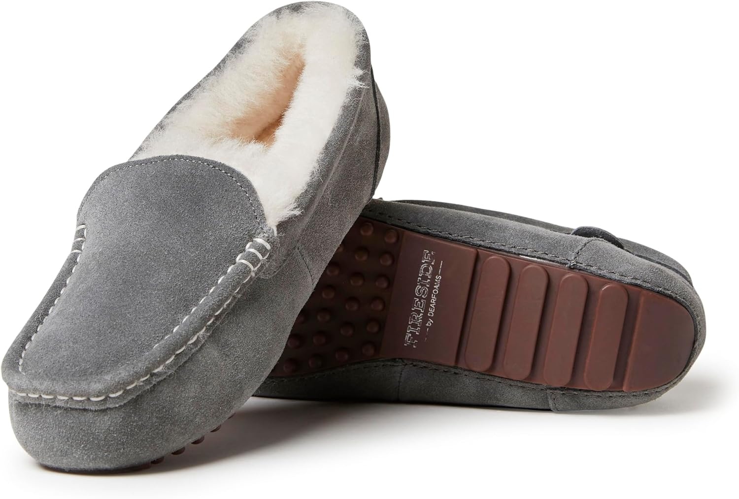 image:imageDearfoams Womens Fireside Water Resistant Mel Shearling Moccasin Slipper Grey 11