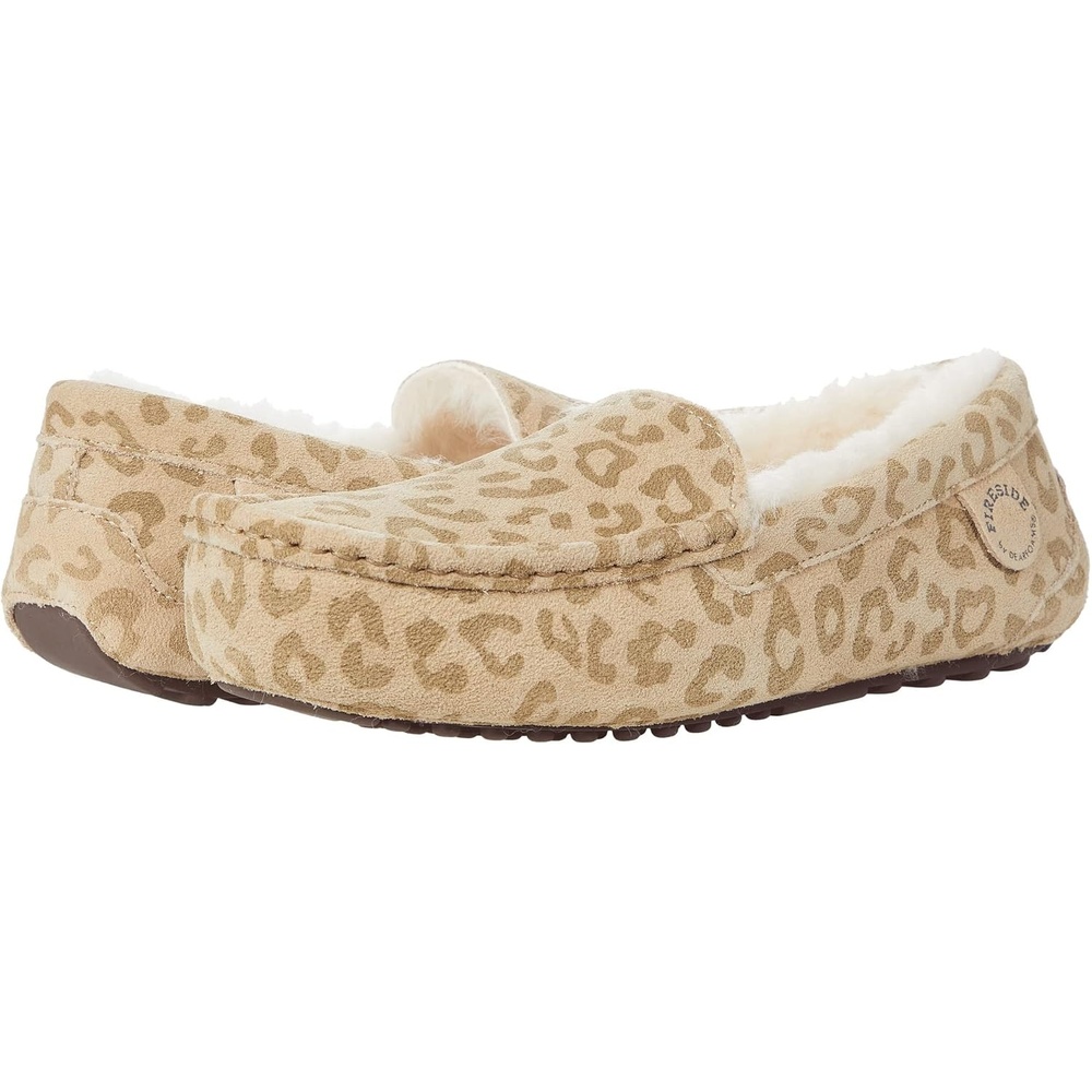 image:imageDearfoams Womens Fireside Water Resistant IndoorOutdoor Genuine Shearling Mel Moccasin Slipper Wide Widths Leopard