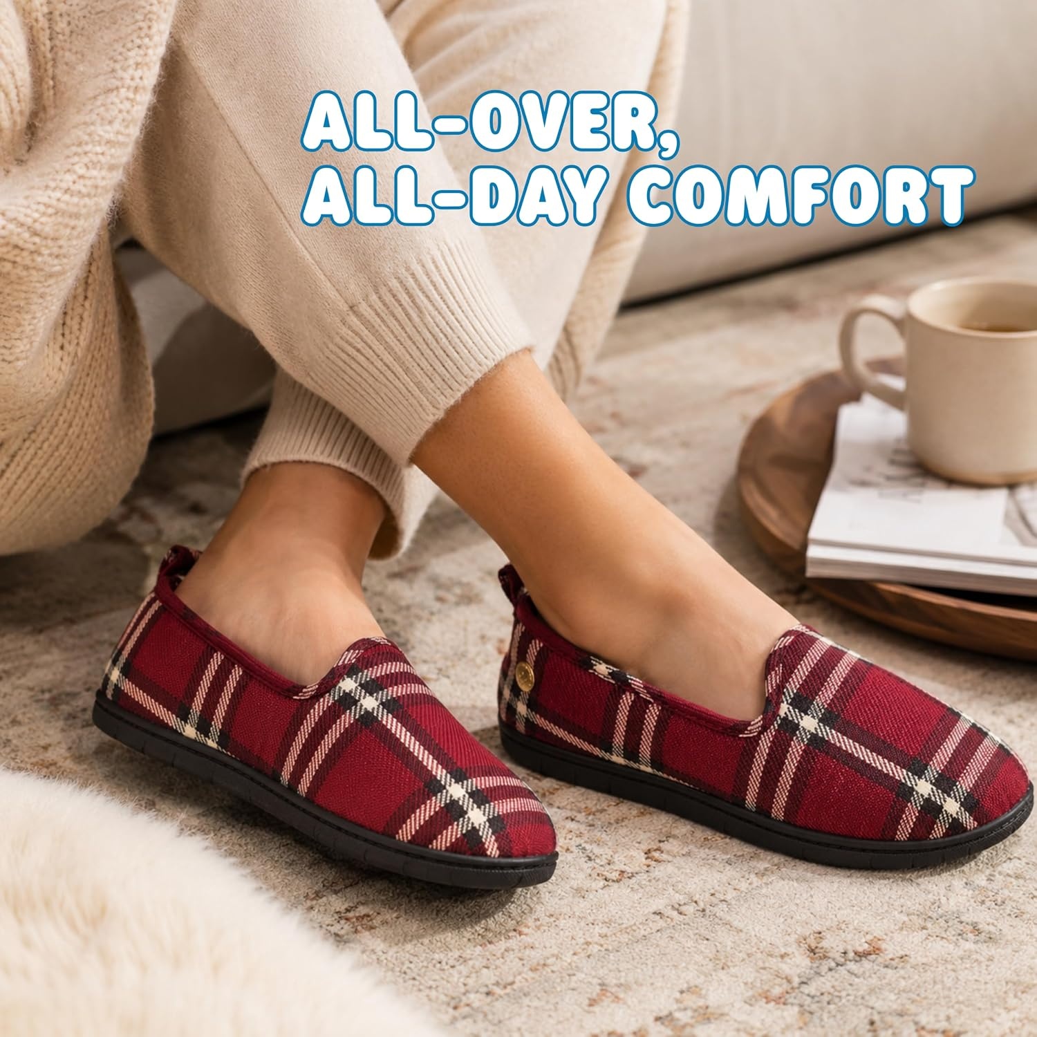 image:imageDearfoams Womens Rachel Velour Closed Back Red Plaid M