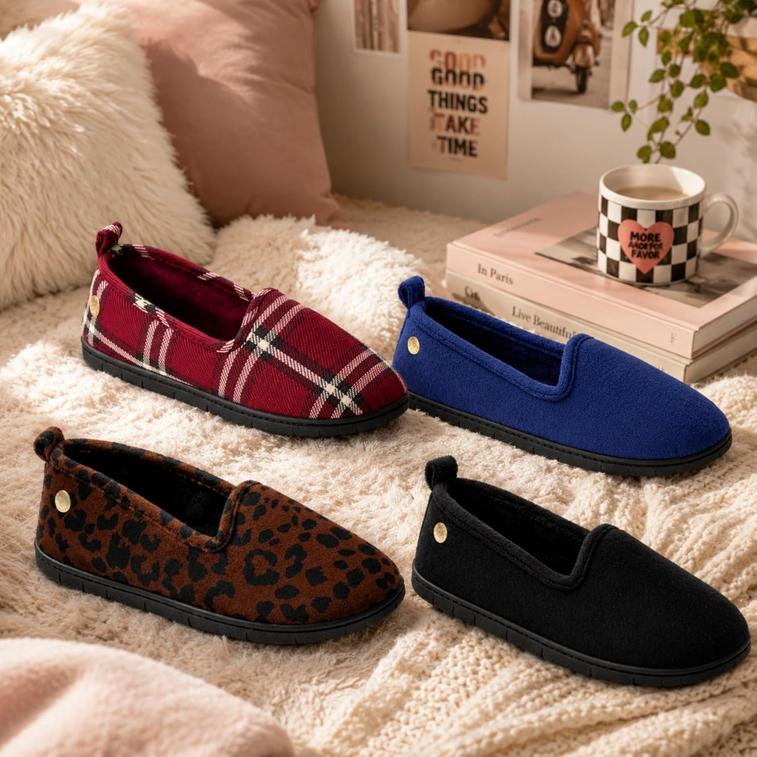 image:imageDearfoams Womens Rachel Velour Closed Back Red Plaid M