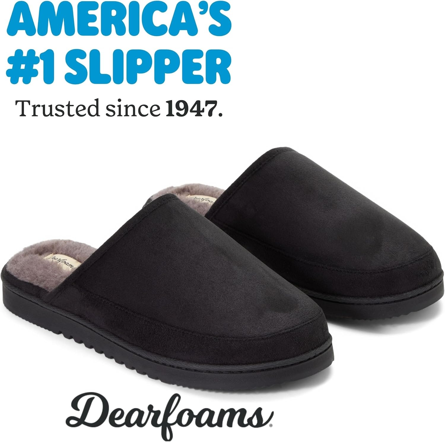 image:imageDearfoams mens Memory Foam House Shoes Slip on Microsuede Clog Furry Lined SlippersBlack