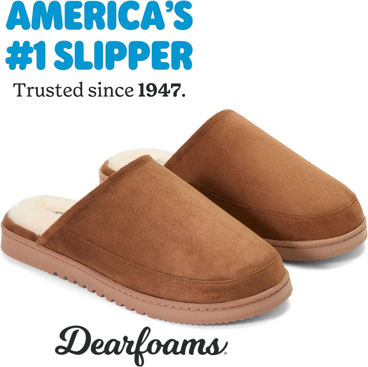 image:imageDearfoams mens Memory Foam House Shoes Slip on Microsuede Clog Furry Lined SlippersChestnut Tan