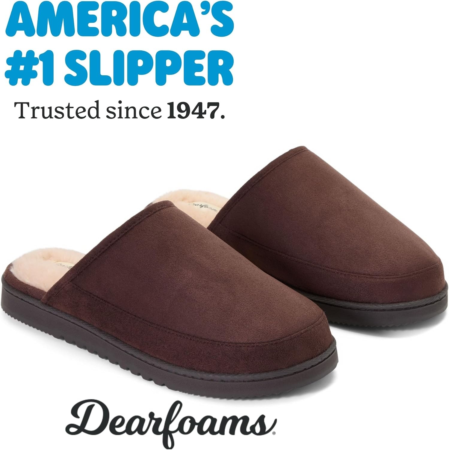 image:imageDearfoams mens Memory Foam House Shoes Slip on Microsuede Clog Furry Lined SlippersCoffee Brown