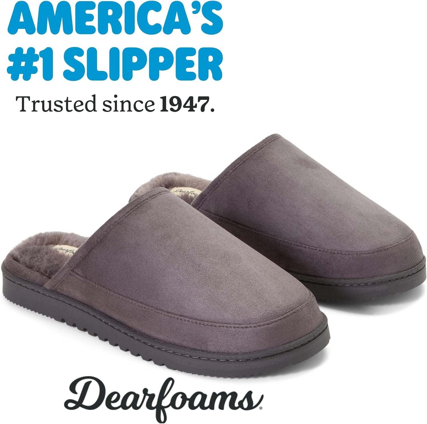 image:imageDearfoams mens Memory Foam House Shoes Slip on Microsuede Clog Furry Lined SlippersGrey