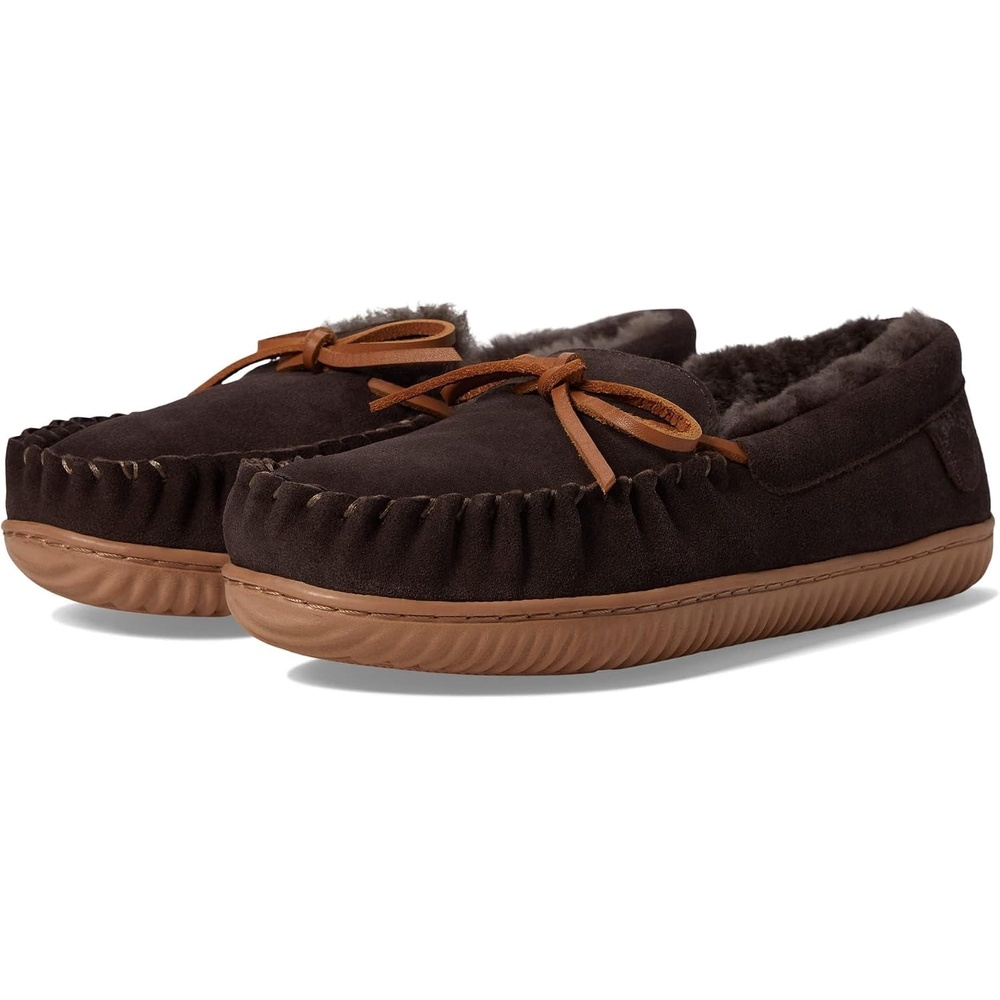 image:imageDearfoams Mens Nelson Bay Genuine Shearling IndoorOutdoor Moccasin SlipperCoffee