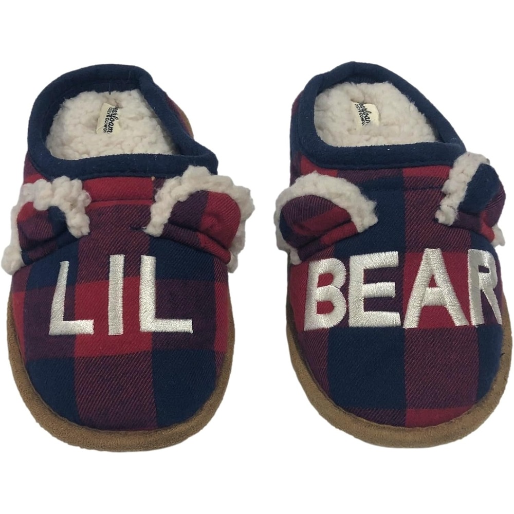image:imageDearfoams Toddler Boys amp Girls Red amp Navy Buffalo Plaid Baby Bear Slippers 78