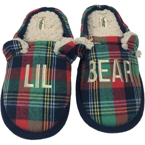 Dearfoams Boys Red & Green Plaid Lil Bear Christmas Holiday Slippers 4-5