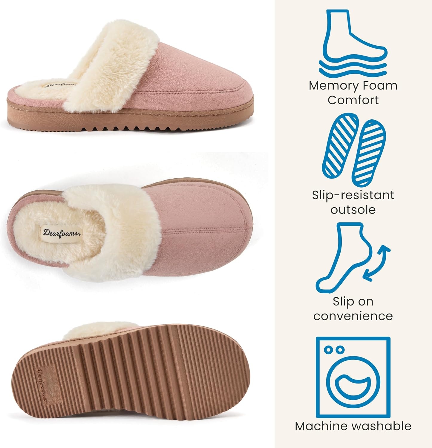 image:imageDearfoams womens Memory Foam House Shoes Slip on Microsuede Scuff Plush Lined Indoor Outdoor SlippersDusty Pink