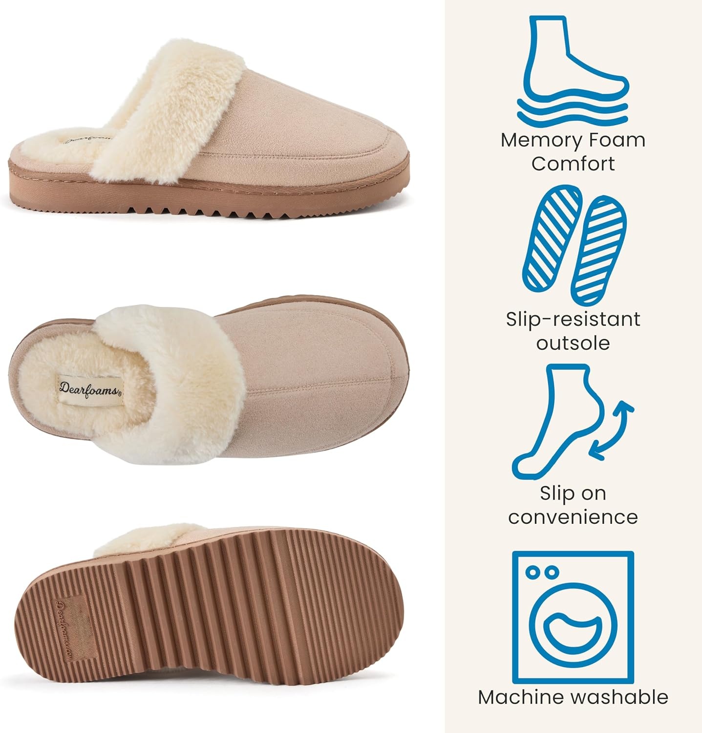 image:imageDearfoams womens Memory Foam House Shoes Slip on Microsuede Scuff Plush Lined Indoor Outdoor SlippersSand