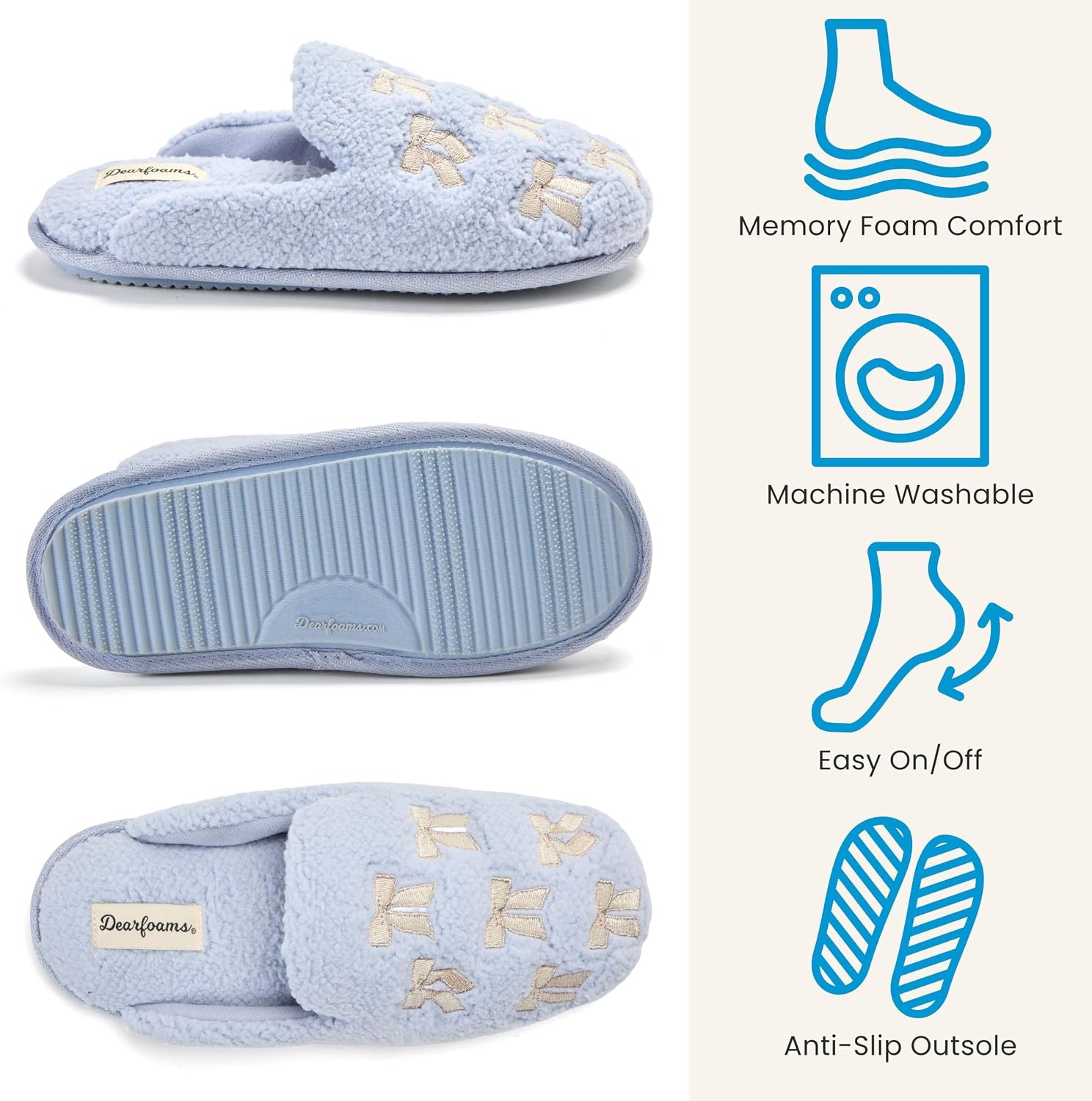 image:imageDearfoams womens Icon Embroidered Slippers Cozy Fuzzy Scuff House ShoesLight Blue Bows