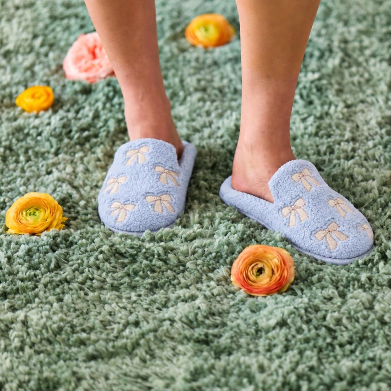 image:imageDearfoams womens Icon Embroidered Slippers Cozy Fuzzy Scuff House ShoesLight Blue Bows