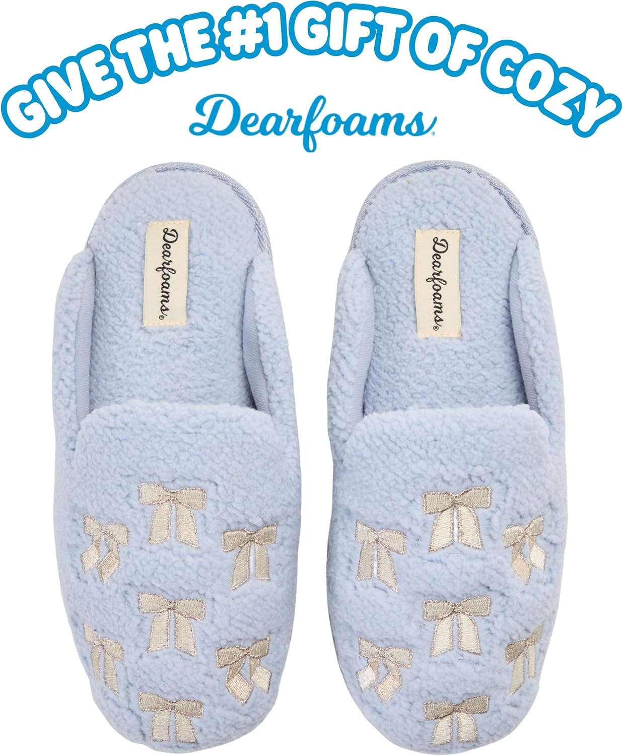 image:imageDearfoams womens Icon Embroidered Slippers Cozy Fuzzy Scuff House ShoesLight Blue Bows