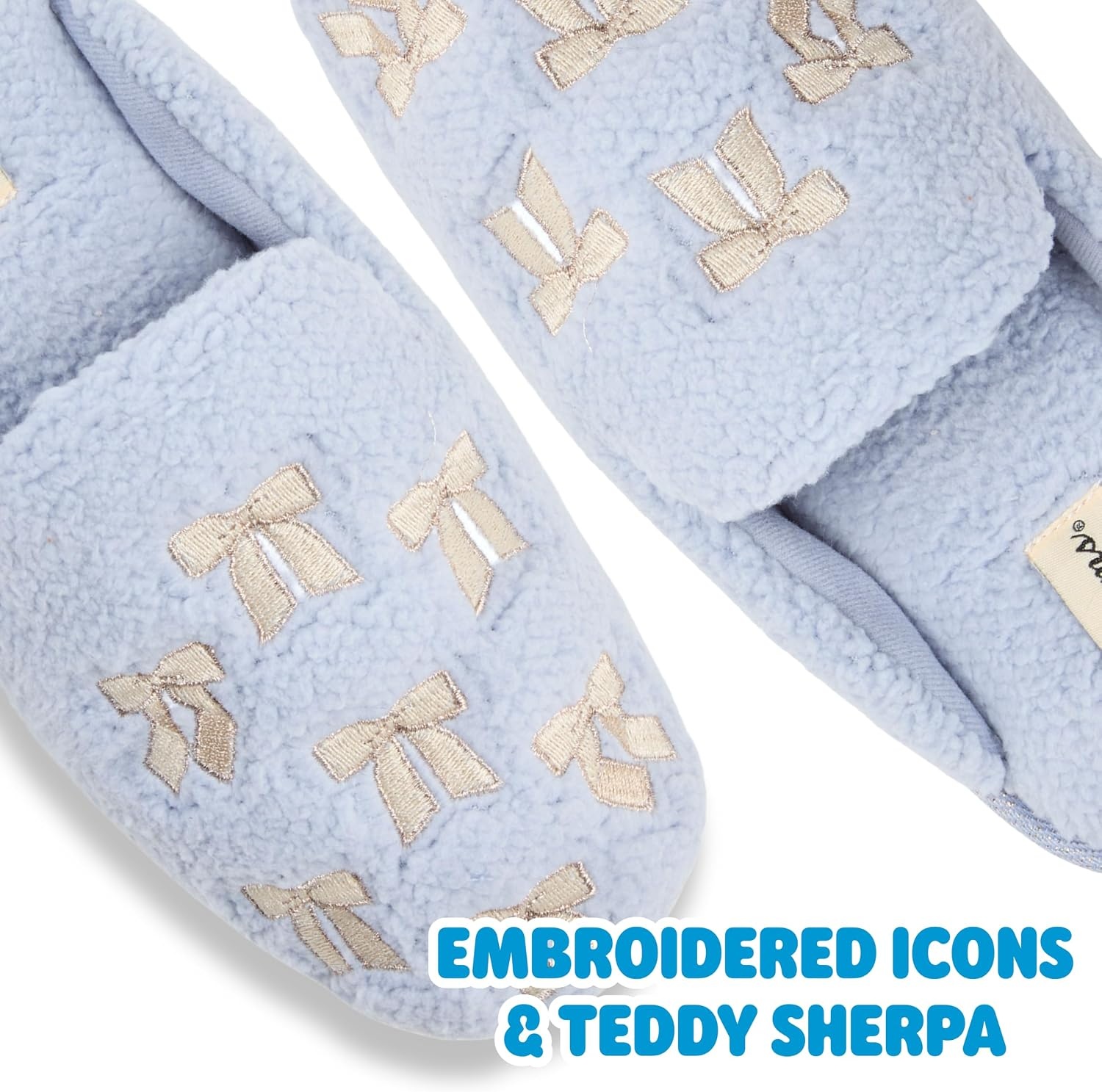 image:imageDearfoams womens Icon Embroidered Slippers Cozy Fuzzy Scuff House ShoesLight Blue Bows