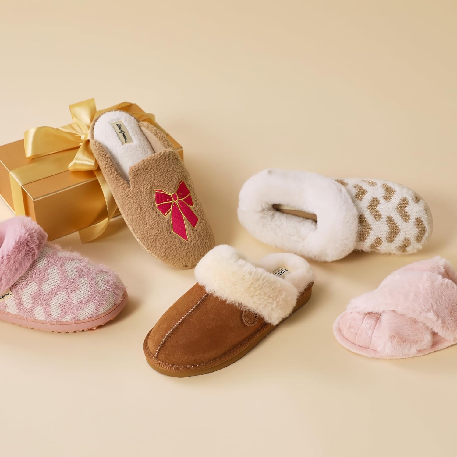 image:imageDearfoams womens Icon Embroidered Slippers Cozy Fuzzy Scuff House ShoesPink Bow Emrboidered