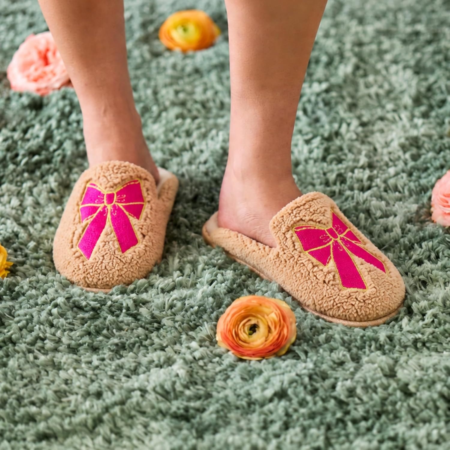 image:imageDearfoams womens Icon Embroidered Slippers Cozy Fuzzy Scuff House ShoesPink Bow Emrboidered