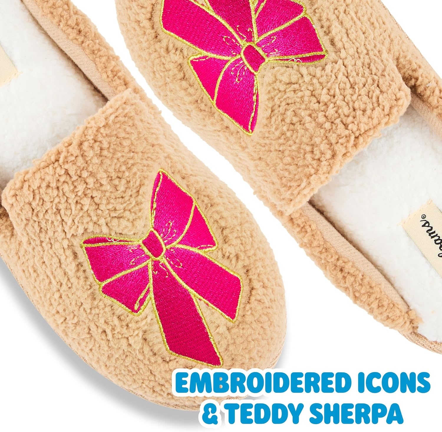 image:imageDearfoams womens Icon Embroidered Slippers Cozy Fuzzy Scuff House ShoesPink Bow Emrboidered