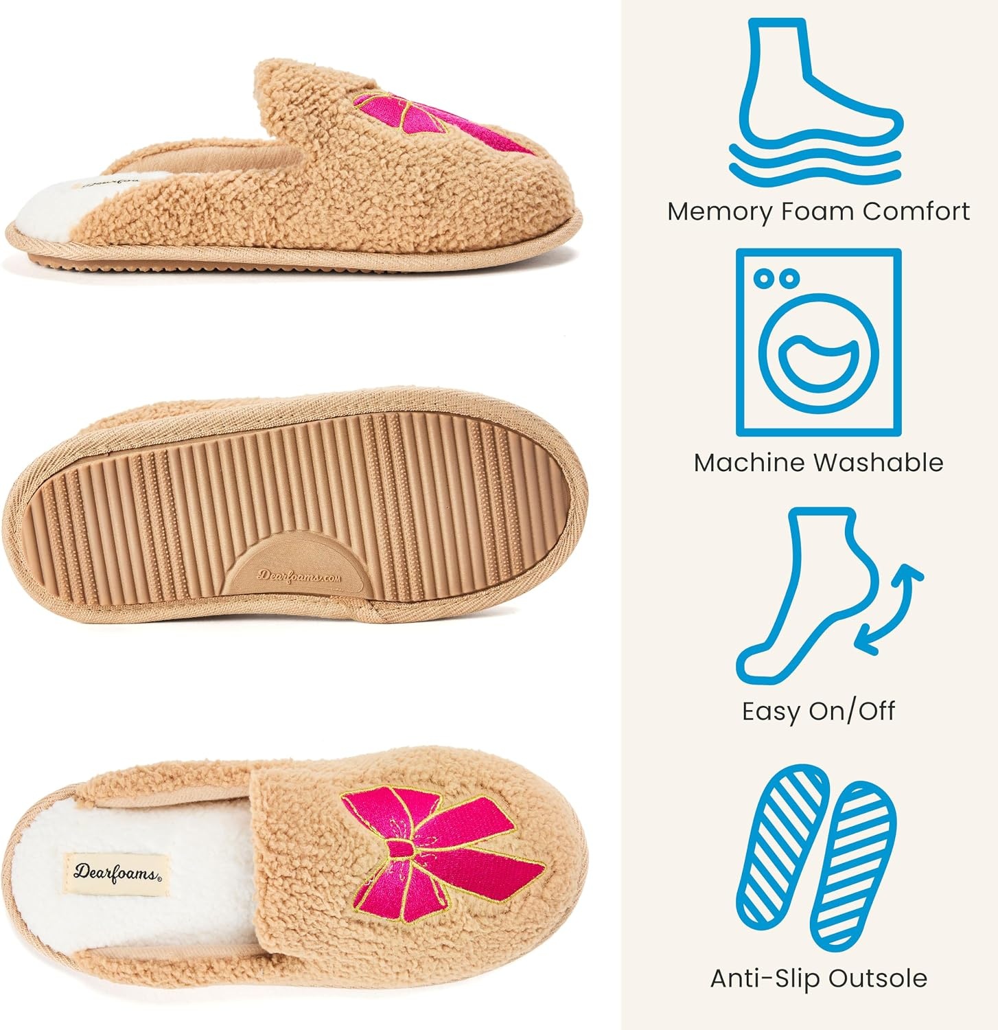 image:imageDearfoams womens Icon Embroidered Slippers Cozy Fuzzy Scuff House ShoesPink Bow Emrboidered