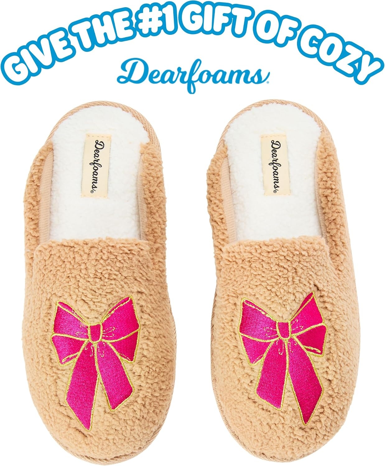 image:imageDearfoams womens Icon Embroidered Slippers Cozy Fuzzy Scuff House ShoesPink Bow Emrboidered