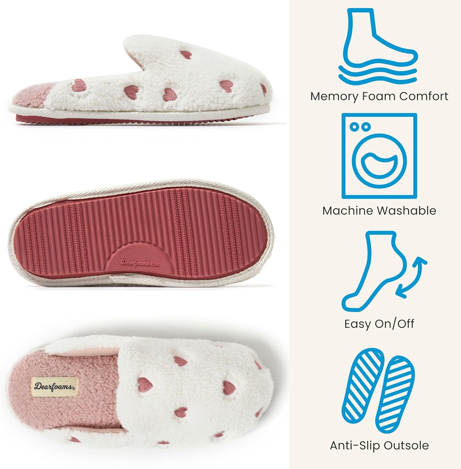 image:imageDearfoams womens Icon Embroidered Slippers Cozy Fuzzy Scuff House ShoesPink Hearts