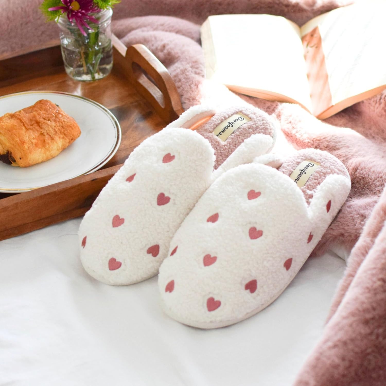 image:imageDearfoams womens Icon Embroidered Slippers Cozy Fuzzy Scuff House ShoesPink Hearts