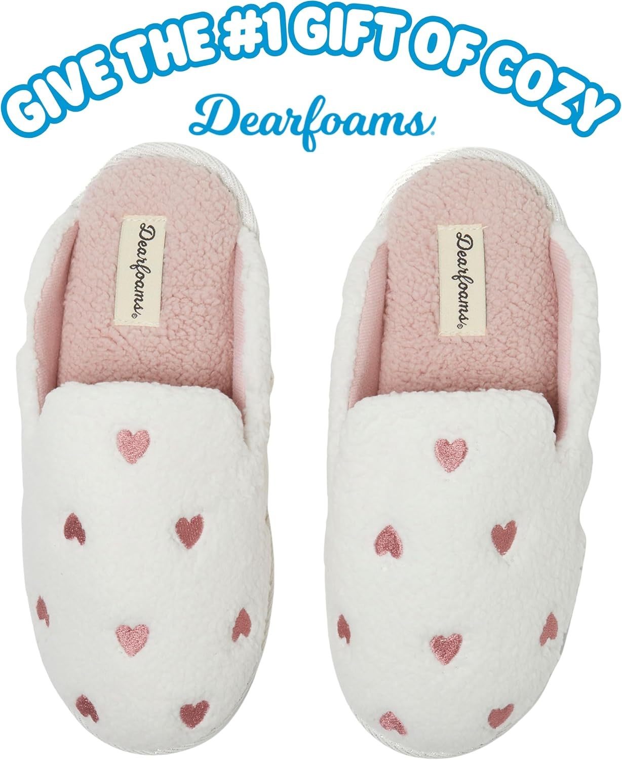 image:imageDearfoams womens Icon Embroidered Slippers Cozy Fuzzy Scuff House ShoesPink Hearts