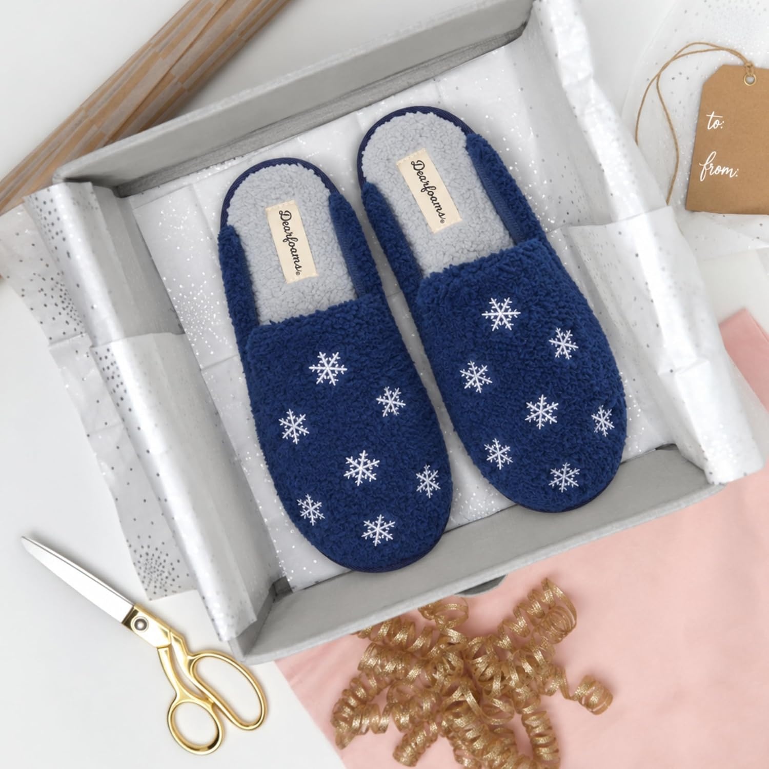 image:imageDearfoams womens Icon Embroidered Slippers Cozy Fuzzy Scuff House ShoesSnowflake Icon