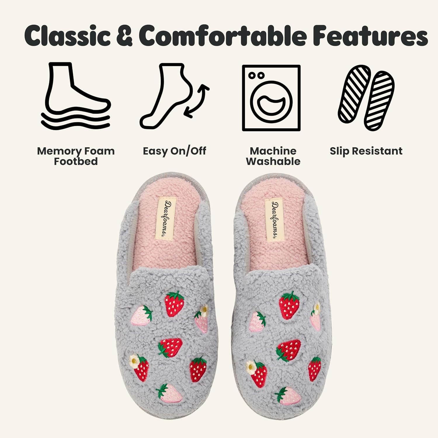 image:imageDearfoams womens Icon Embroidered Slippers Cozy Fuzzy Scuff House ShoesStrawberry Icon