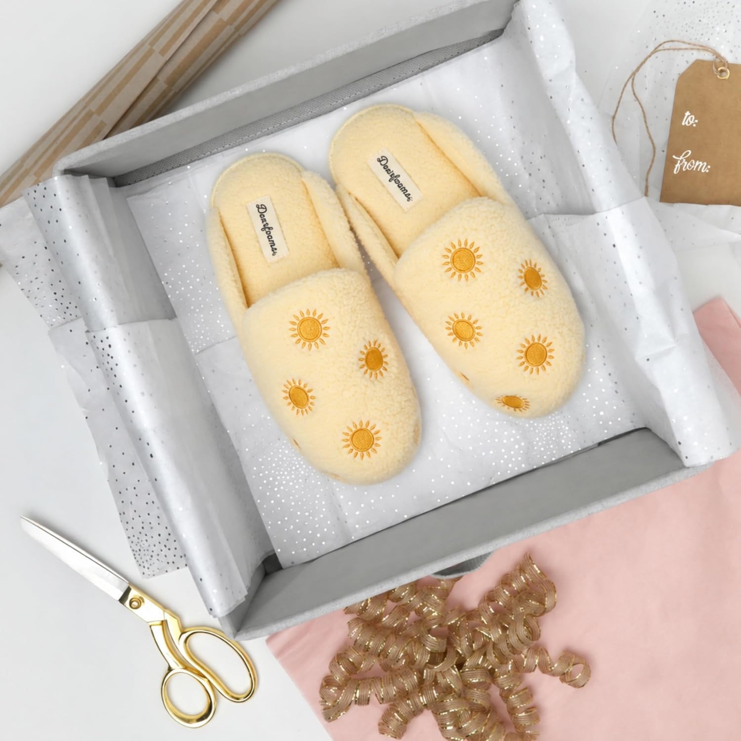 image:imageDearfoams womens Icon Embroidered Slippers Cozy Fuzzy Scuff House ShoesYellow