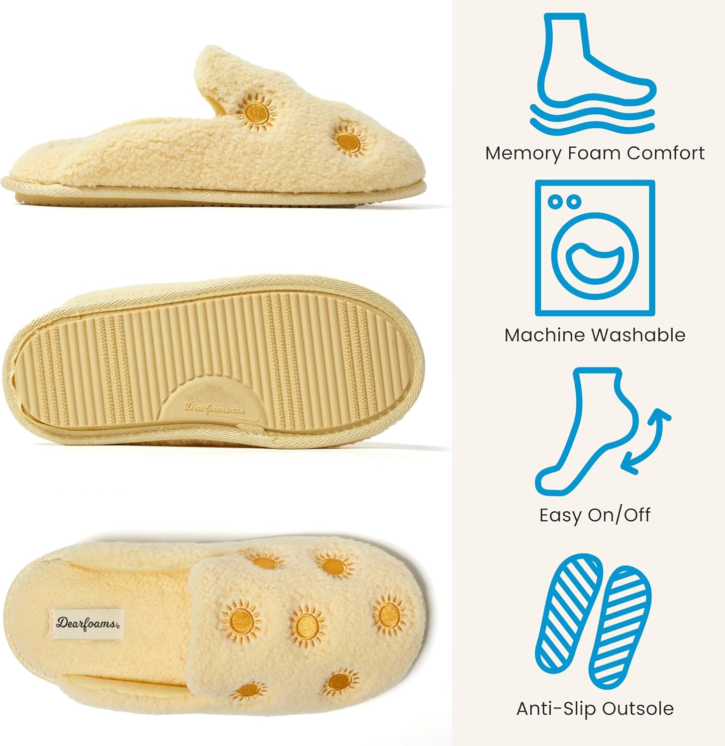 image:imageDearfoams womens Icon Embroidered Slippers Cozy Fuzzy Scuff House ShoesYellow