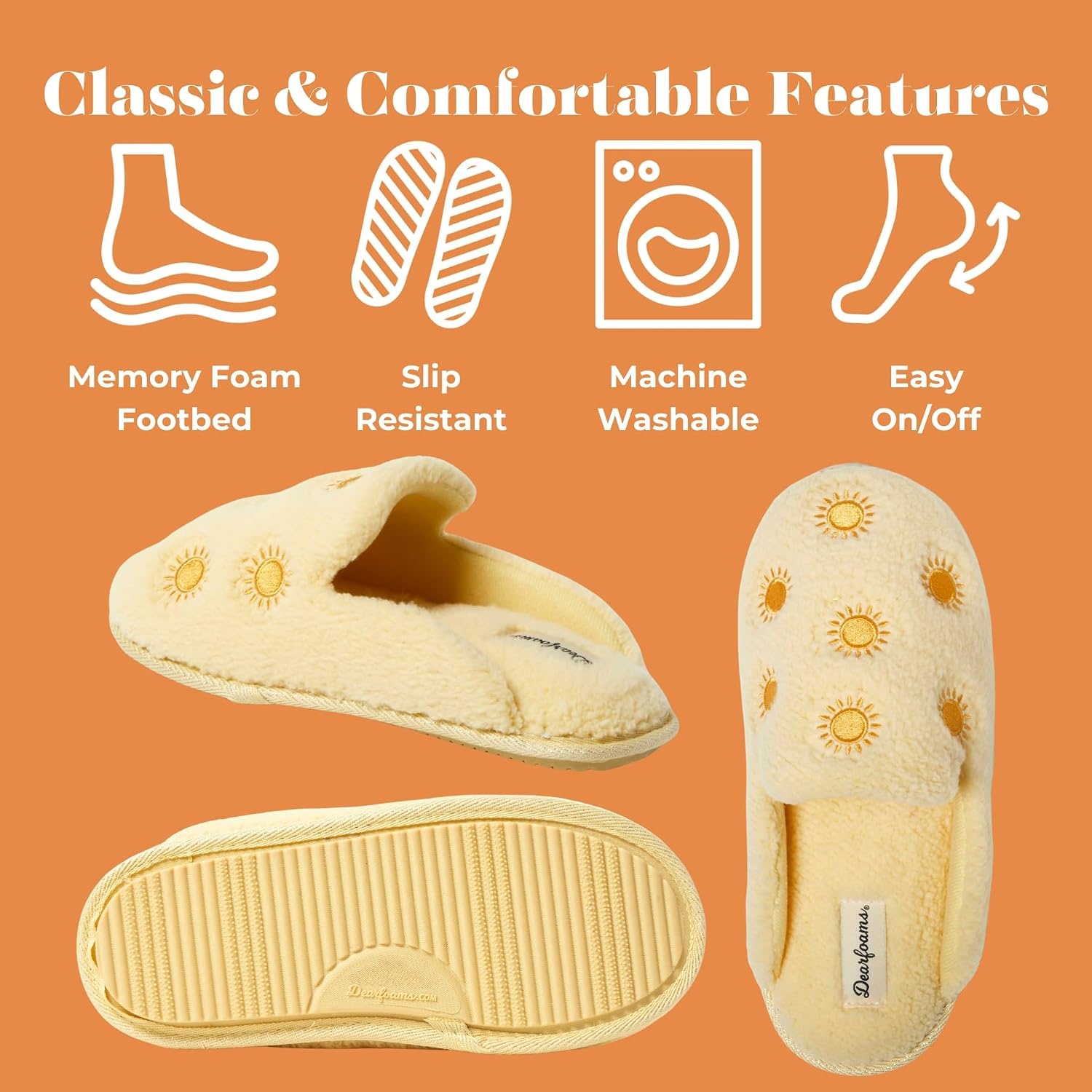 image:imageDearfoams womens Icon Embroidered Slippers Cozy Fuzzy Scuff House ShoesYellow