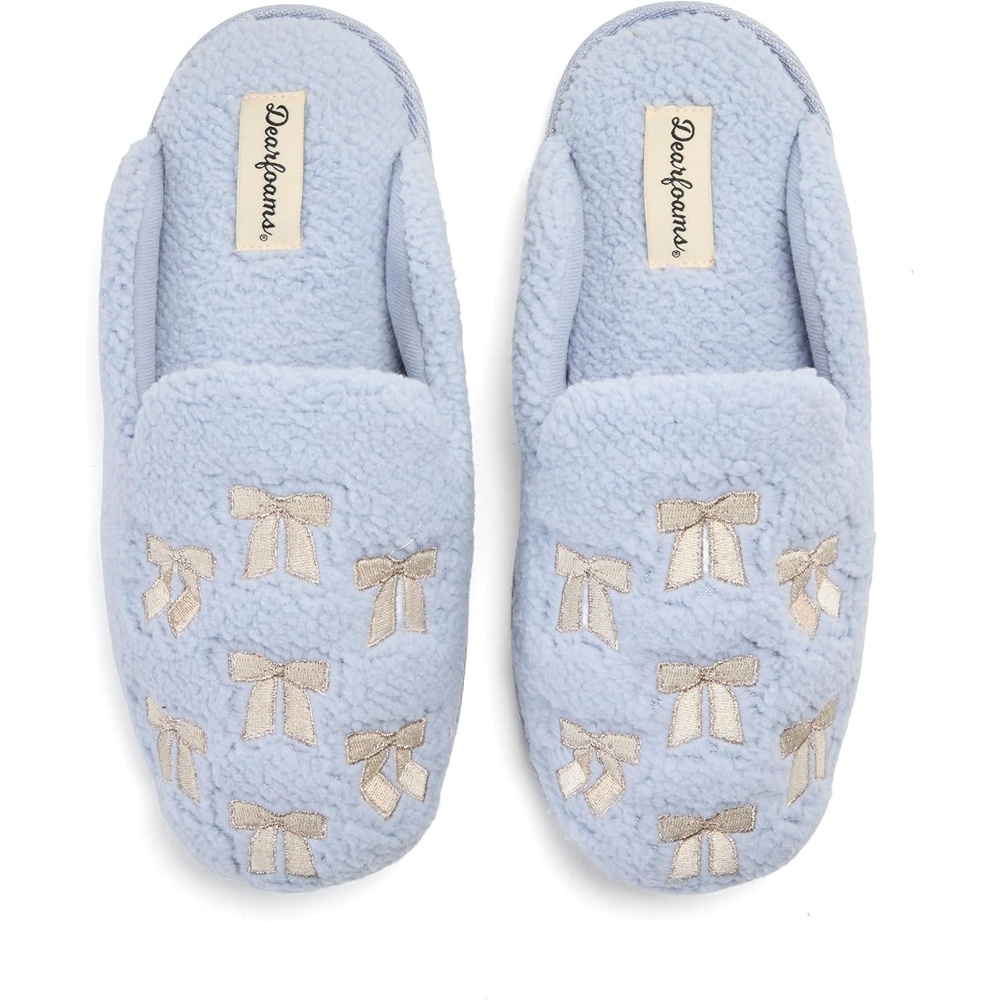image:imageDearfoams womens Icon Embroidered Slippers Cozy Fuzzy Scuff House ShoesLight Blue Bows