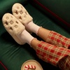 Dearfoams womens Icon Embroidered Slippers, Cozy Fuzzy Scuff House Shoes(Creme Brulee)