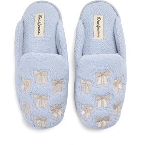 Dearfoams womens Icon Embroidered Slippers, Cozy Fuzzy Scuff House Shoes(Light Blue Bows)