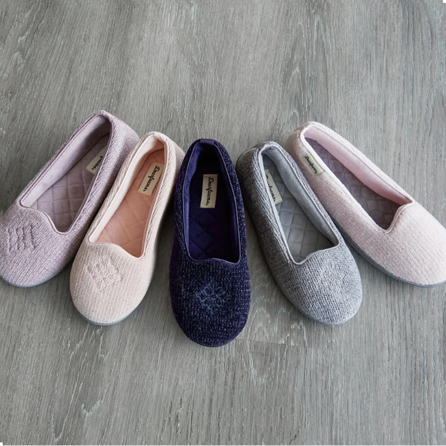 image:imageDearfoams Womens Rebecca Soft Memory Foam Lightweight House Shoes Cozy Loafer with Warm Lining and Wide Widths SlipperLight Purple Chenille