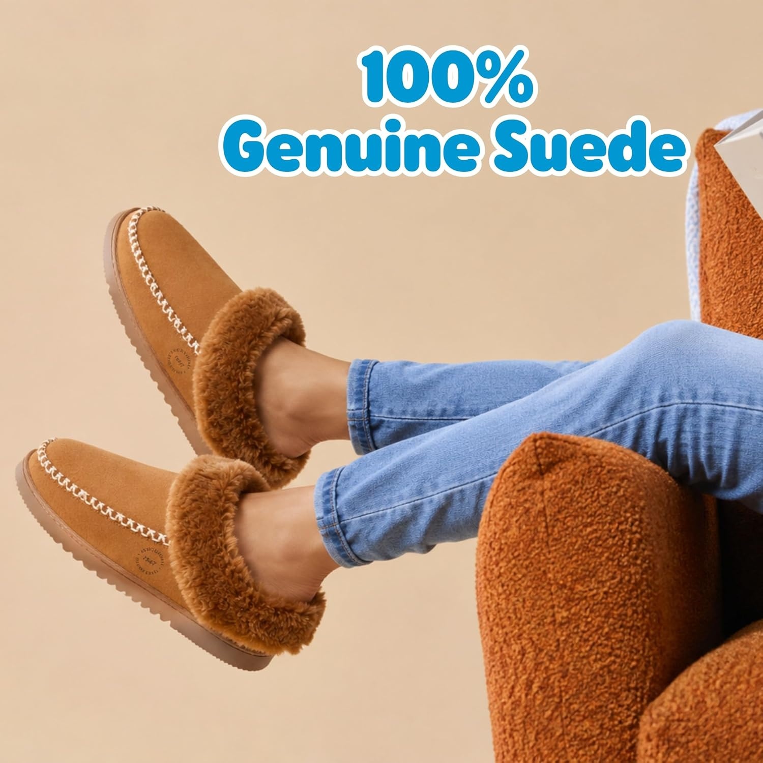 image:imageDearfoams womens House Slipper Memory Foam Fuzzy Suede Clog Blaine Furry Cuff Indoor ShoesChestnut