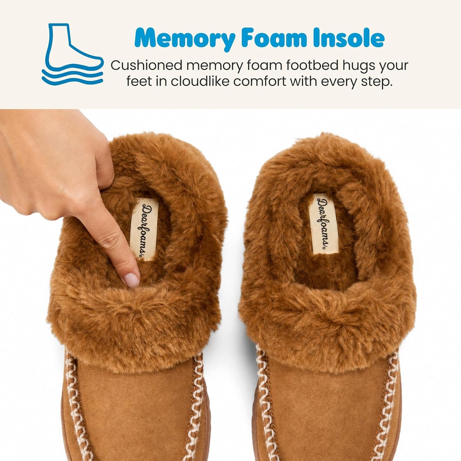 image:imageDearfoams womens House Slipper Memory Foam Fuzzy Suede Clog Blaine Furry Cuff Indoor ShoesChestnut