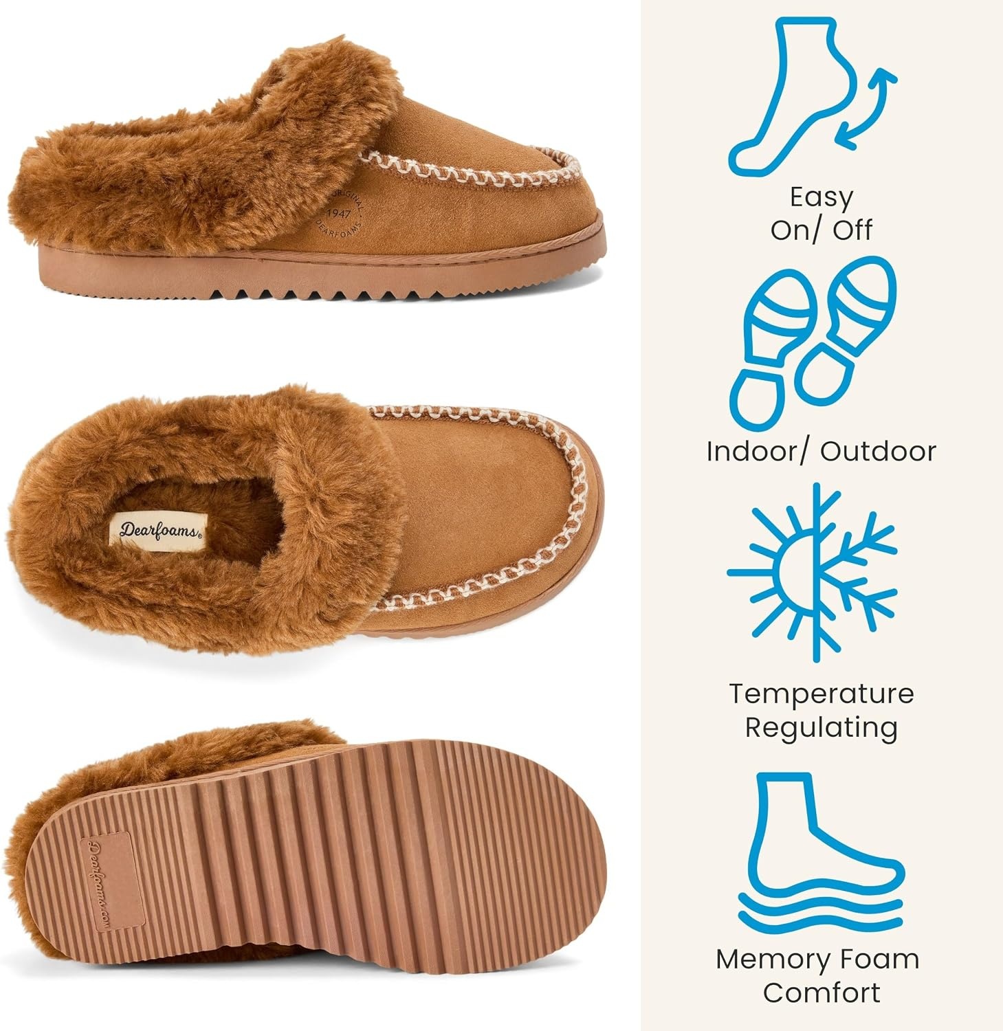 image:imageDearfoams womens House Slipper Memory Foam Fuzzy Suede Clog Blaine Furry Cuff Indoor ShoesChestnut