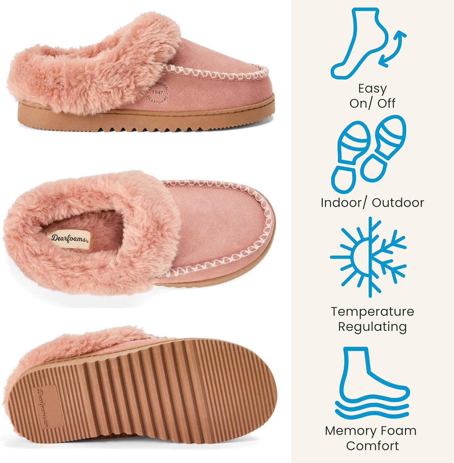 image:imageDearfoams womens House Slipper Memory Foam Fuzzy Suede Clog Blaine Furry Cuff Indoor ShoesDusty Pink